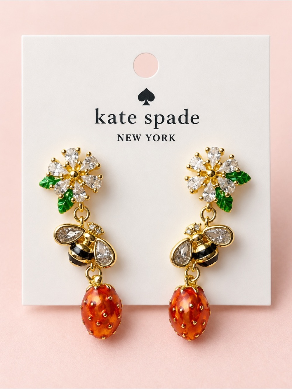 kate spade Pink, Green & Gold Strawberry Bee Drop Earrings